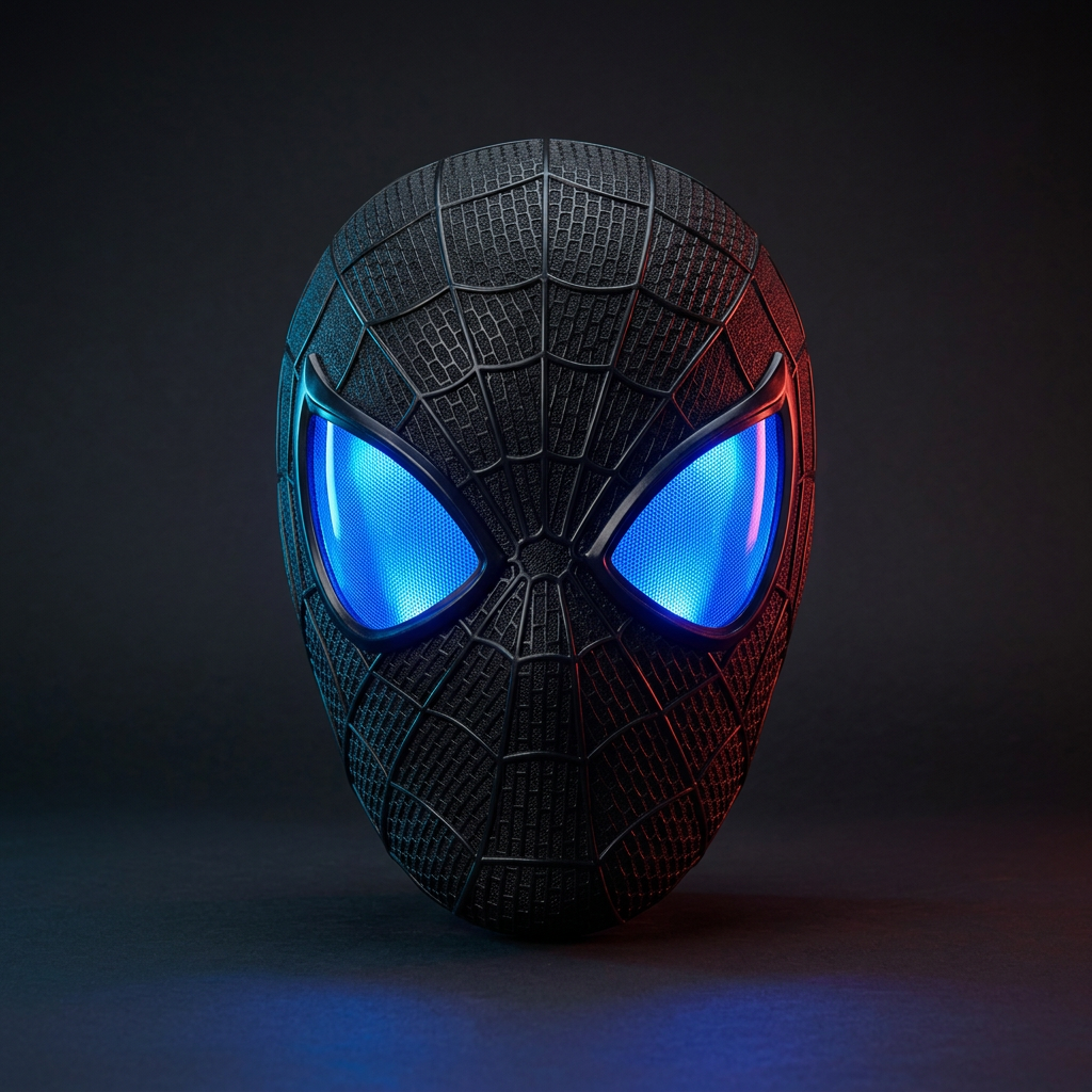 Red webbed mask with glowing blue lenses against a dark background with red and blue ambient lighting
