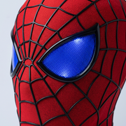 Close-up of the red webbed mask's blue lens and webbing texture