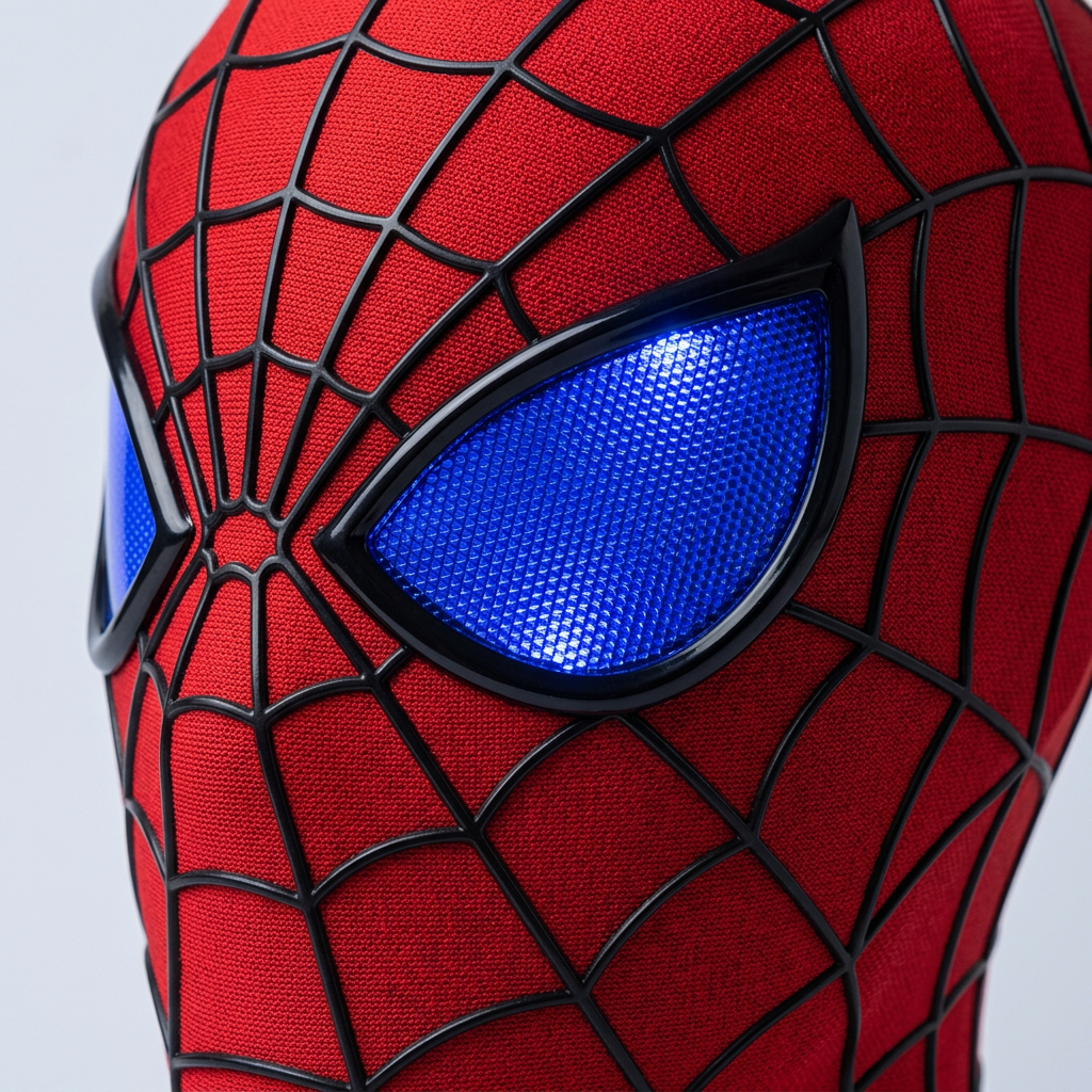 Close-up of the red webbed mask's blue lens and webbing texture