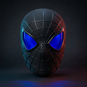 Black webbed mask with glowing blue lenses against a dark background with red and blue ambient lighting