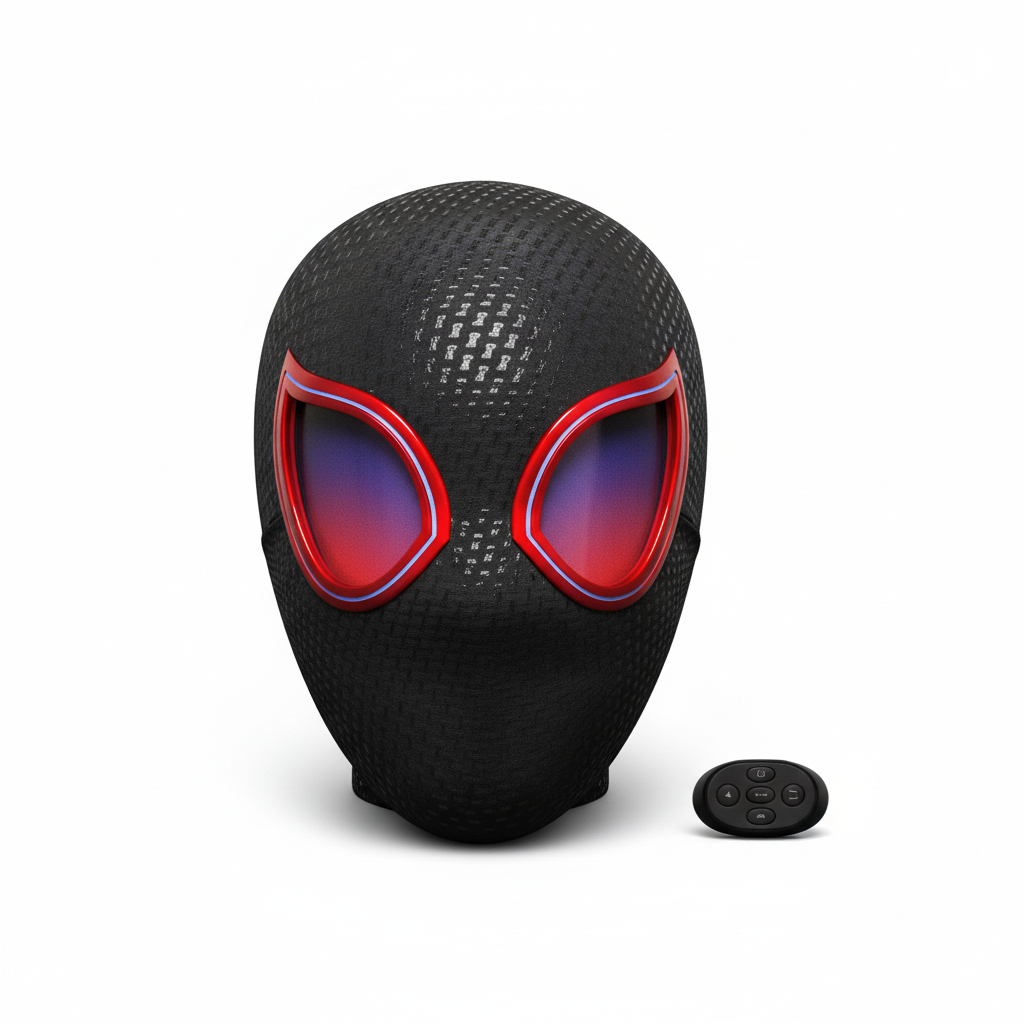 WebVault MultiMask black textured mask with control remote on a white background