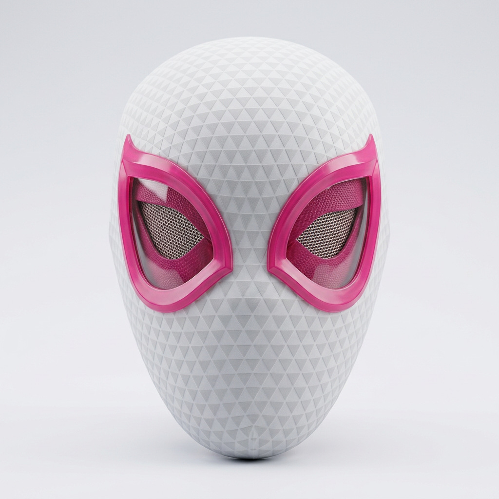 White Gwen mask with pink eye frames on a light studio background