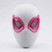White Gwen mask with pink eye frames on a light studio background