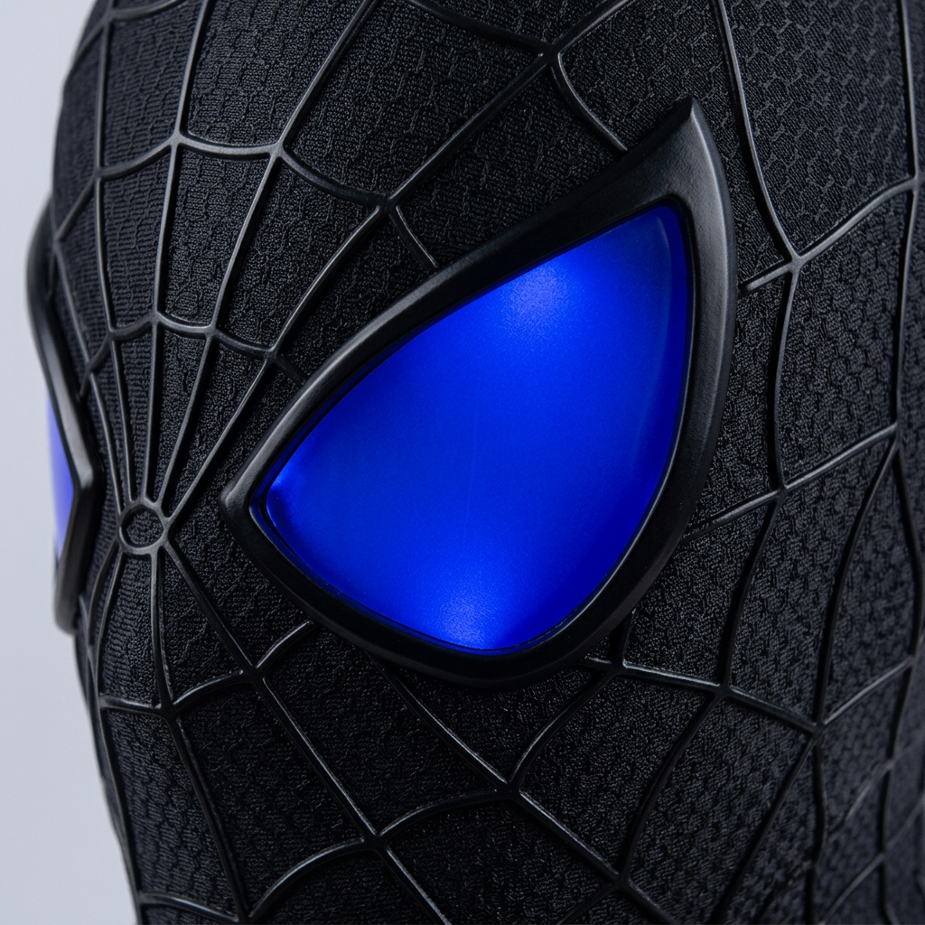 Close-up of the black webbed mask's blue lens and webbing texture