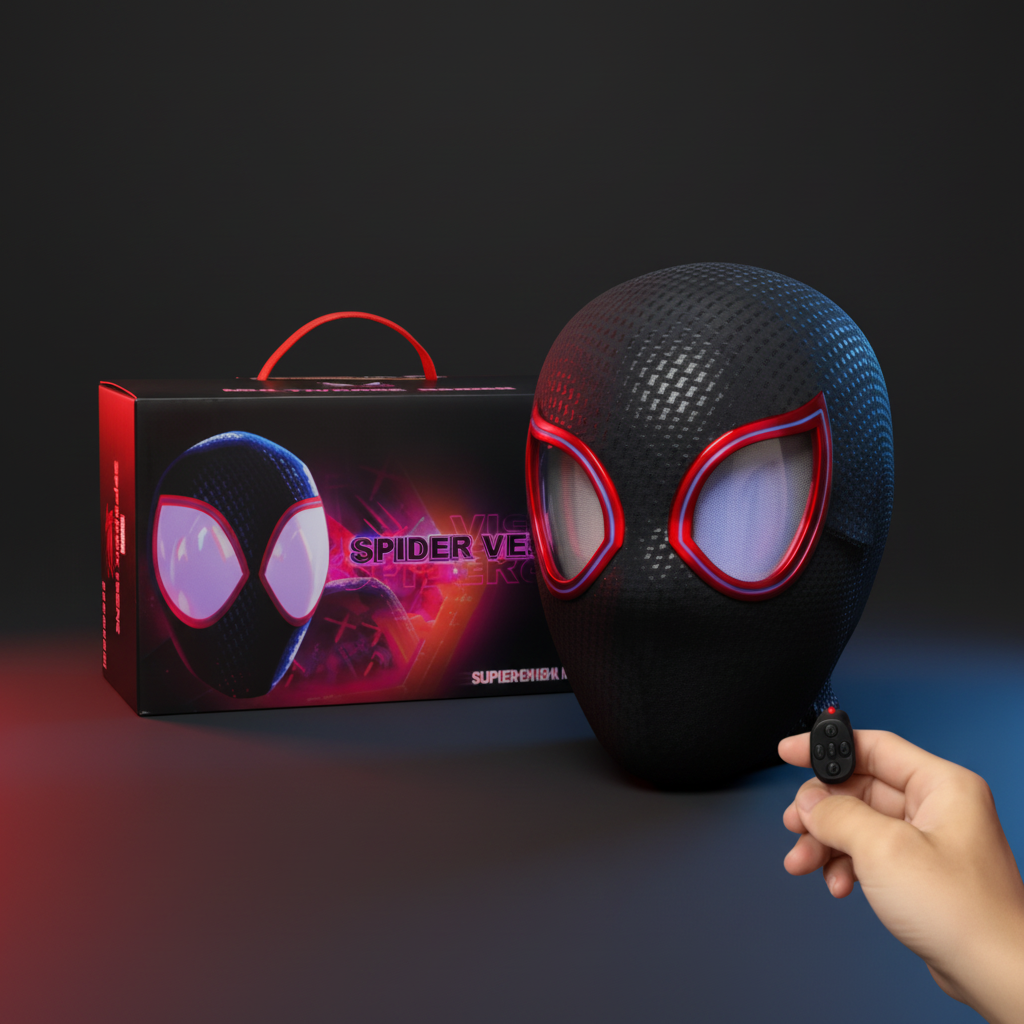 WebVault MultiMask black textured mask with retail box and remote in a dark red and blue studio setting