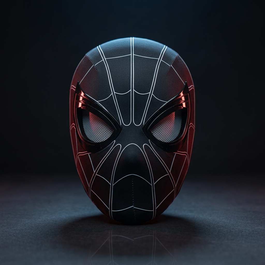 Black webbed ShadowMotion mask with red-rimmed mesh eyes against a dark charcoal background with red and blue ambient lighting