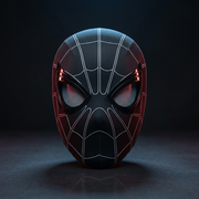 Black webbed ShadowMotion mask with red-rimmed mesh eyes against a dark charcoal background with red and blue ambient lighting