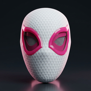 White Gwen mask with pink eye frames against a dark pink-lit background