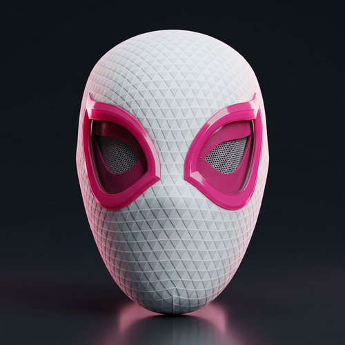 White Gwen mask with pink eye frames against a dark pink-lit background