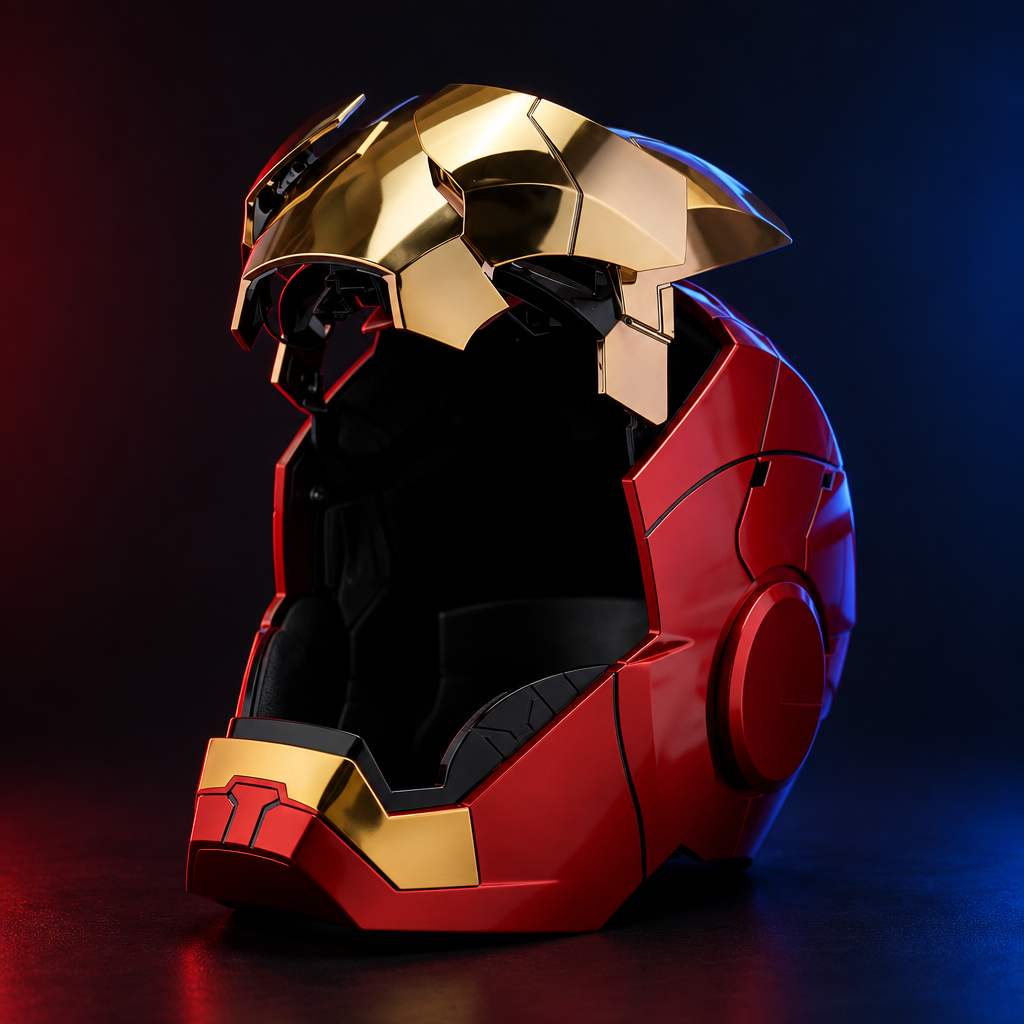 WebVault Iron Man MK5 Helmet with segmented faceplate open, side three-quarter angle, dark studio background with red and blue rim lighting