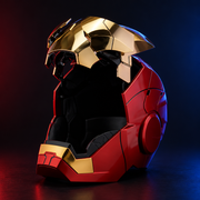 WebVault Iron Man MK5 Helmet with segmented faceplate open, side three-quarter angle, dark studio background with red and blue rim lighting