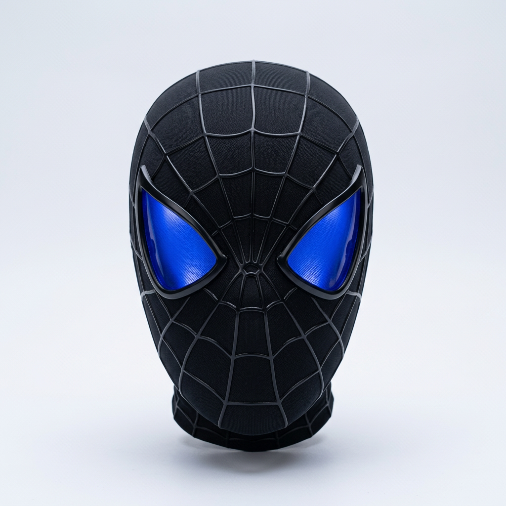 Black webbed mask with glowing blue lenses on a pale studio background