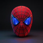 Red webbed mask with glowing blue lenses against a dark background with red and blue ambient lighting