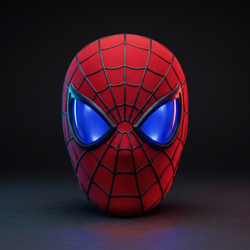 Red webbed mask with glowing blue lenses against a dark background with red and blue ambient lighting