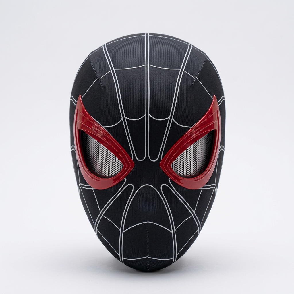 Black webbed ShadowMotion mask with red-rimmed mesh eyes on a pale gray studio background, angled view